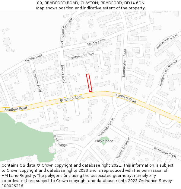 80, BRADFORD ROAD, CLAYTON, BRADFORD, BD14 6DN: Location map and indicative extent of plot