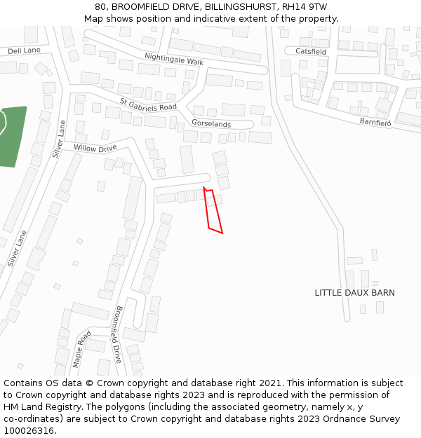 80, BROOMFIELD DRIVE, BILLINGSHURST, RH14 9TW: Location map and indicative extent of plot