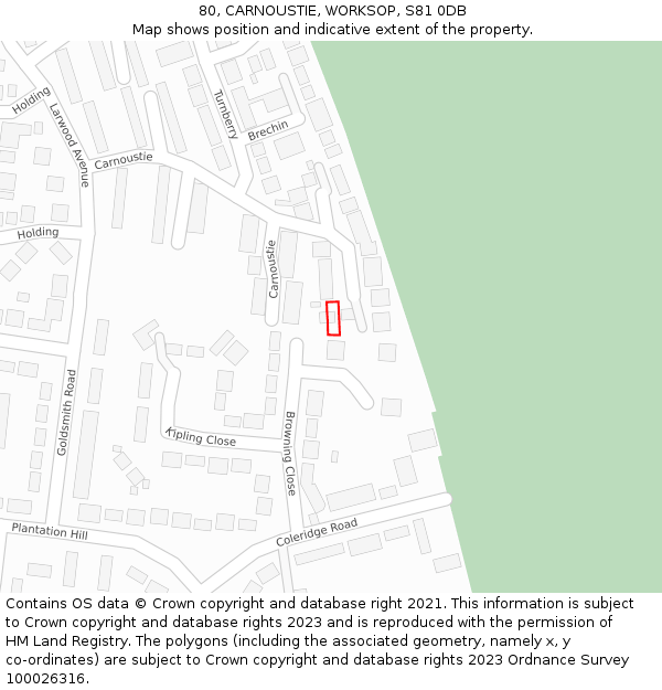 80, CARNOUSTIE, WORKSOP, S81 0DB: Location map and indicative extent of plot