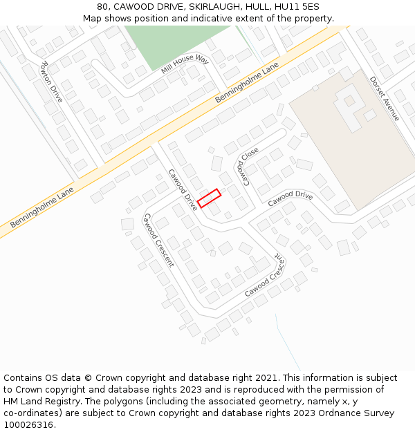 80, CAWOOD DRIVE, SKIRLAUGH, HULL, HU11 5ES: Location map and indicative extent of plot