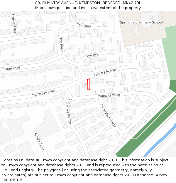 80, CHANTRY AVENUE, KEMPSTON, BEDFORD, MK42 7RL: Location map and indicative extent of plot