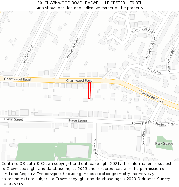 80, CHARNWOOD ROAD, BARWELL, LEICESTER, LE9 8FL: Location map and indicative extent of plot