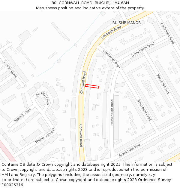 80, CORNWALL ROAD, RUISLIP, HA4 6AN: Location map and indicative extent of plot