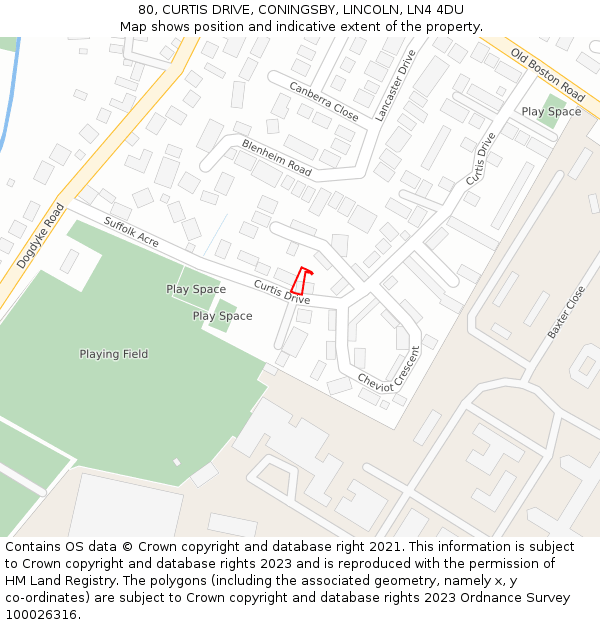 80, CURTIS DRIVE, CONINGSBY, LINCOLN, LN4 4DU: Location map and indicative extent of plot