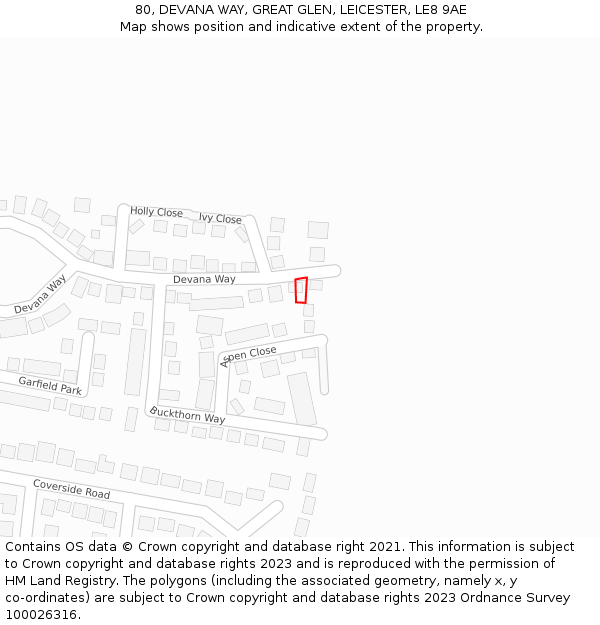 80, DEVANA WAY, GREAT GLEN, LEICESTER, LE8 9AE: Location map and indicative extent of plot