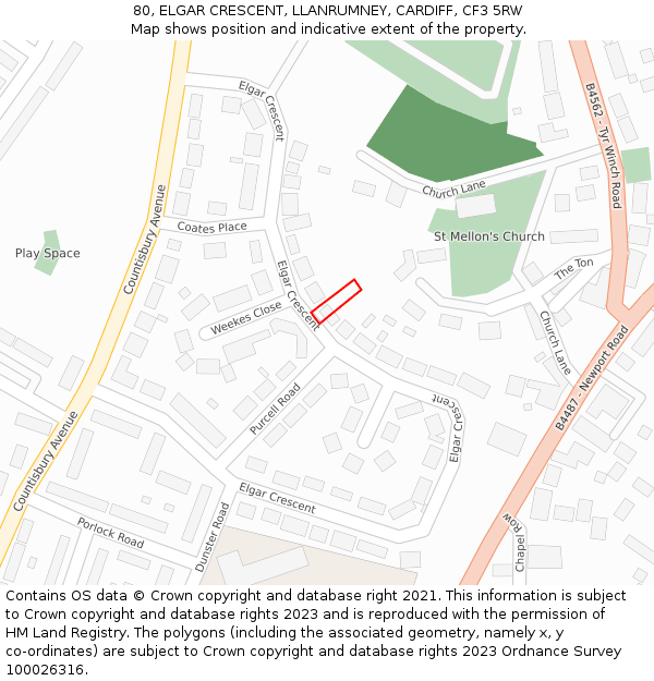 80, ELGAR CRESCENT, LLANRUMNEY, CARDIFF, CF3 5RW: Location map and indicative extent of plot