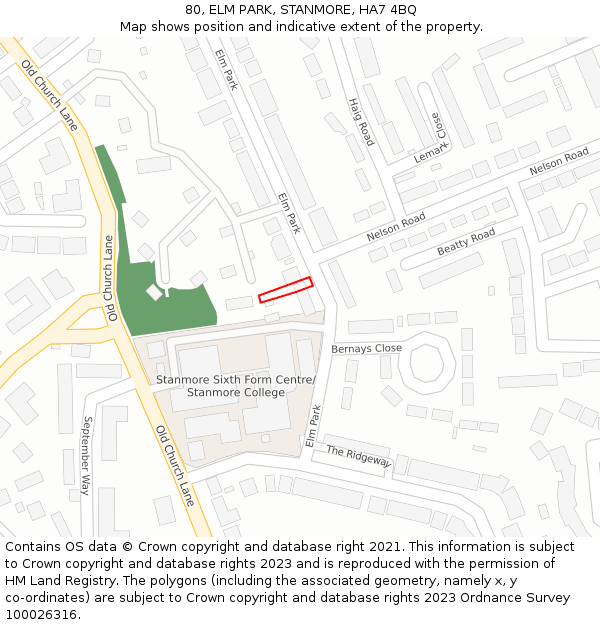 80, ELM PARK, STANMORE, HA7 4BQ: Location map and indicative extent of plot