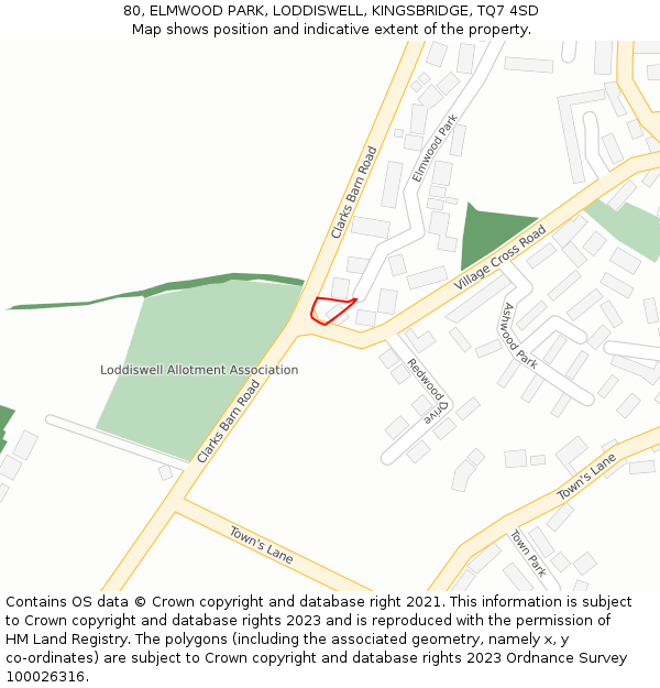 80, ELMWOOD PARK, LODDISWELL, KINGSBRIDGE, TQ7 4SD: Location map and indicative extent of plot