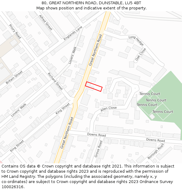 80, GREAT NORTHERN ROAD, DUNSTABLE, LU5 4BT: Location map and indicative extent of plot