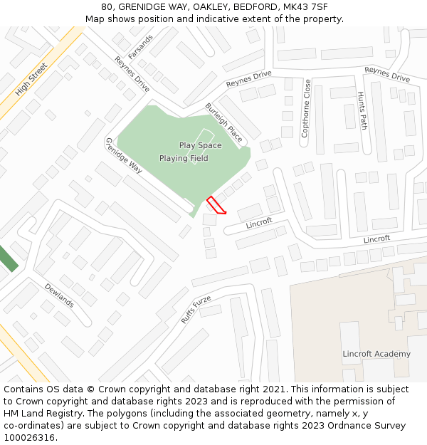 80, GRENIDGE WAY, OAKLEY, BEDFORD, MK43 7SF: Location map and indicative extent of plot