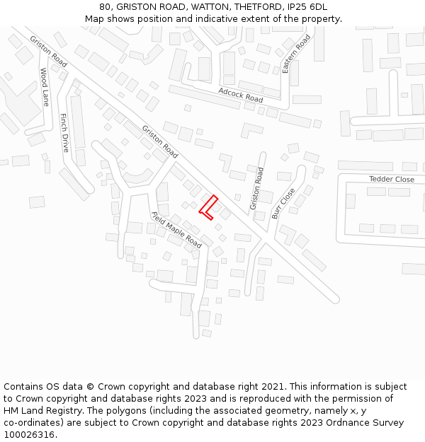 80, GRISTON ROAD, WATTON, THETFORD, IP25 6DL: Location map and indicative extent of plot