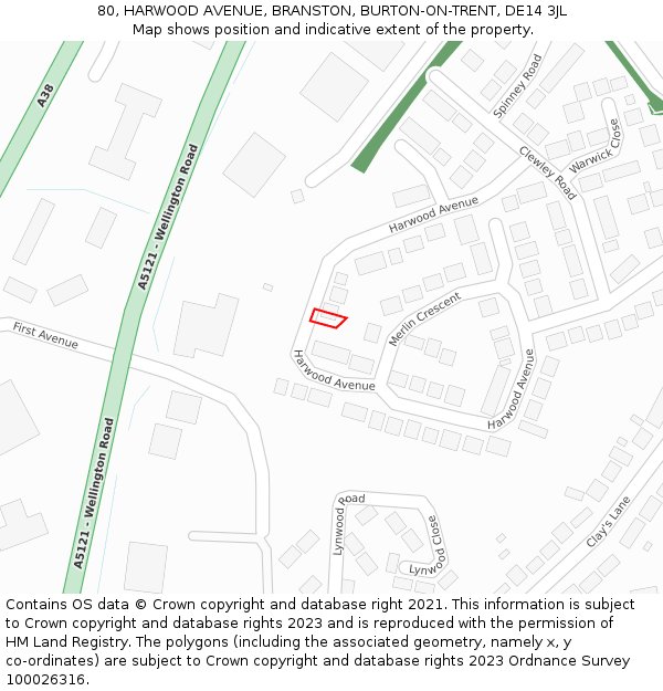 80, HARWOOD AVENUE, BRANSTON, BURTON-ON-TRENT, DE14 3JL: Location map and indicative extent of plot