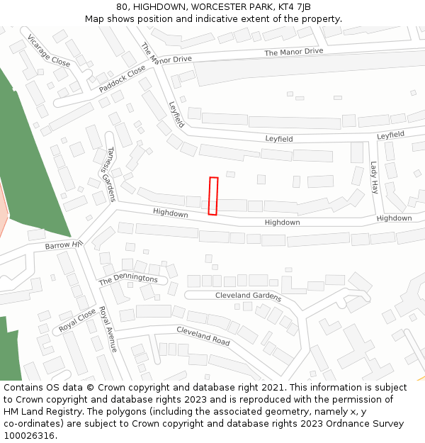 80, HIGHDOWN, WORCESTER PARK, KT4 7JB: Location map and indicative extent of plot