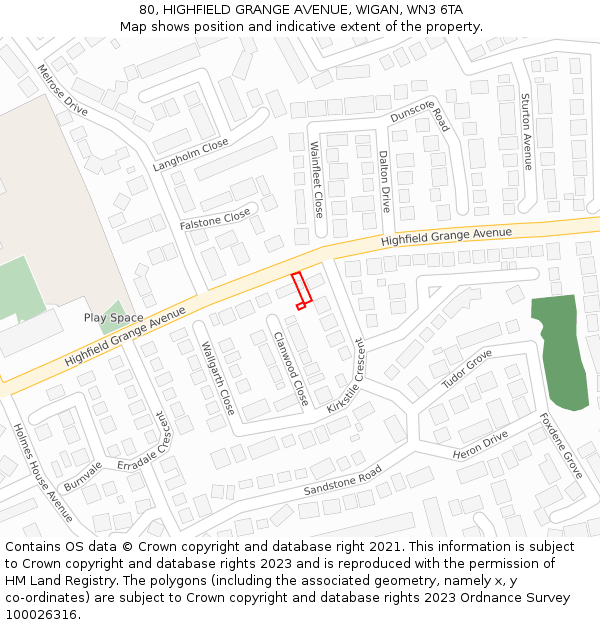 80, HIGHFIELD GRANGE AVENUE, WIGAN, WN3 6TA: Location map and indicative extent of plot