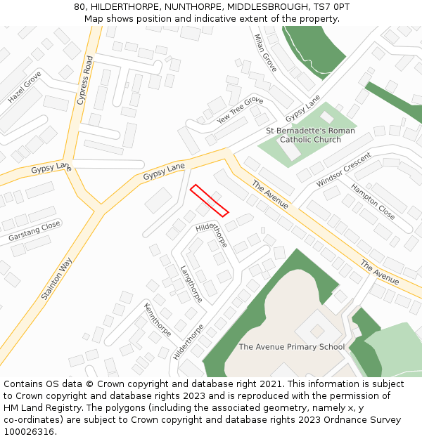 80, HILDERTHORPE, NUNTHORPE, MIDDLESBROUGH, TS7 0PT: Location map and indicative extent of plot