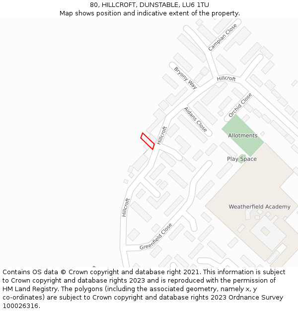 80, HILLCROFT, DUNSTABLE, LU6 1TU: Location map and indicative extent of plot