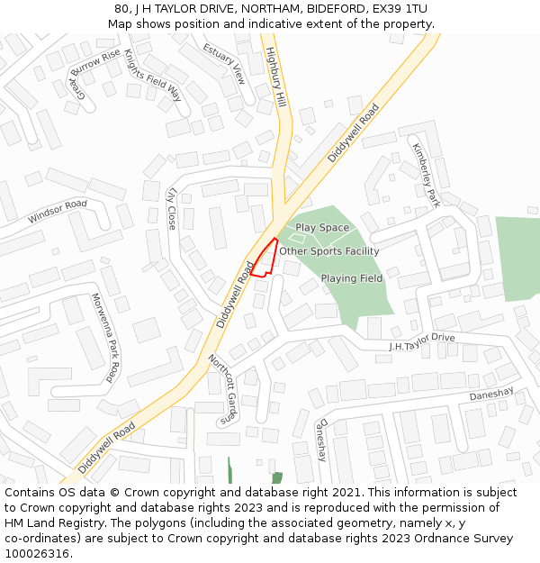 80, J H TAYLOR DRIVE, NORTHAM, BIDEFORD, EX39 1TU: Location map and indicative extent of plot