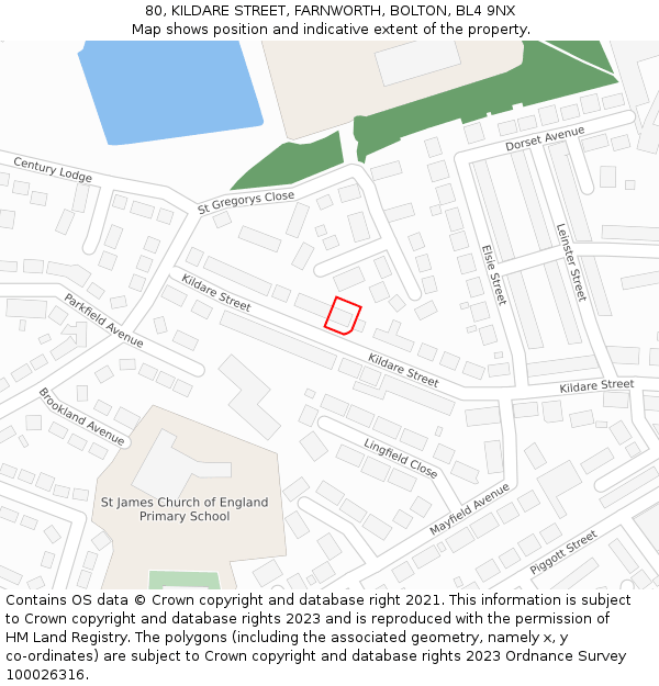 80, KILDARE STREET, FARNWORTH, BOLTON, BL4 9NX: Location map and indicative extent of plot