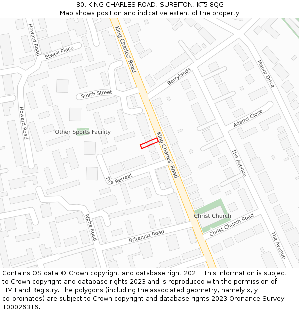 80, KING CHARLES ROAD, SURBITON, KT5 8QG: Location map and indicative extent of plot