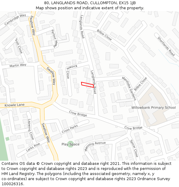 80, LANGLANDS ROAD, CULLOMPTON, EX15 1JB: Location map and indicative extent of plot
