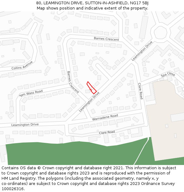 80, LEAMINGTON DRIVE, SUTTON-IN-ASHFIELD, NG17 5BJ: Location map and indicative extent of plot