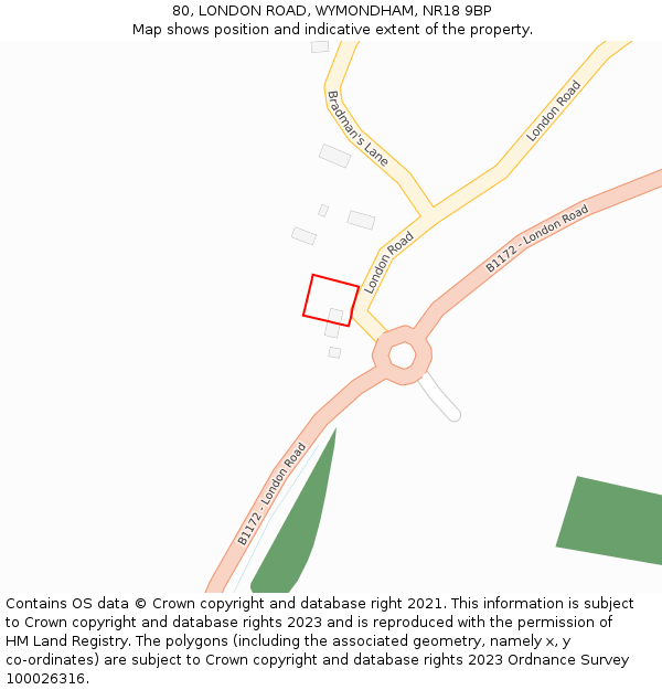 80, LONDON ROAD, WYMONDHAM, NR18 9BP: Location map and indicative extent of plot