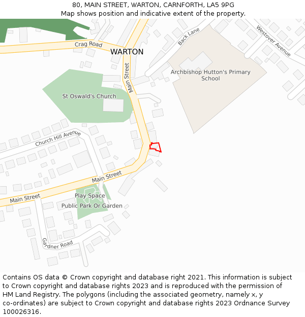 80, MAIN STREET, WARTON, CARNFORTH, LA5 9PG: Location map and indicative extent of plot