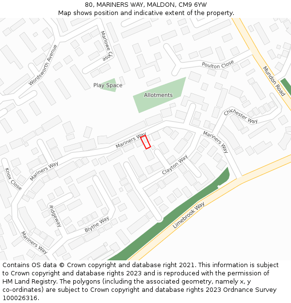 80, MARINERS WAY, MALDON, CM9 6YW: Location map and indicative extent of plot