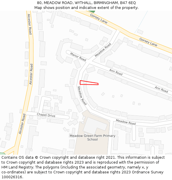 80, MEADOW ROAD, WYTHALL, BIRMINGHAM, B47 6EQ: Location map and indicative extent of plot