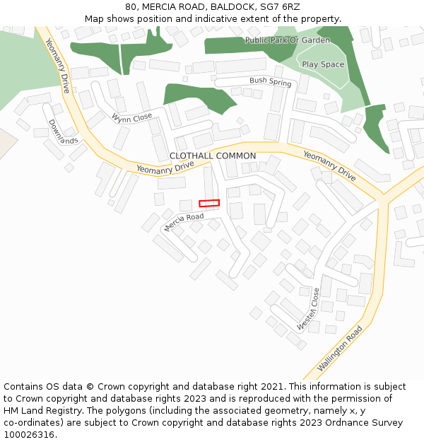 80, MERCIA ROAD, BALDOCK, SG7 6RZ: Location map and indicative extent of plot