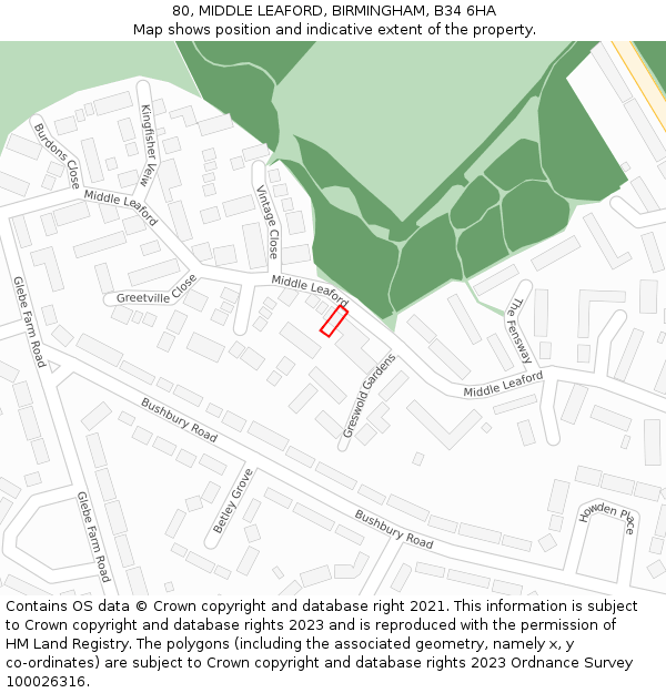 80, MIDDLE LEAFORD, BIRMINGHAM, B34 6HA: Location map and indicative extent of plot