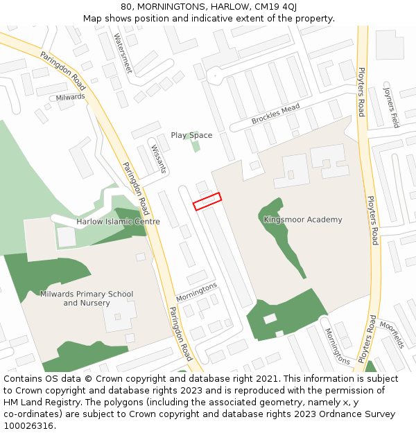 80, MORNINGTONS, HARLOW, CM19 4QJ: Location map and indicative extent of plot