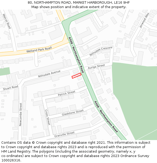 80, NORTHAMPTON ROAD, MARKET HARBOROUGH, LE16 9HF: Location map and indicative extent of plot