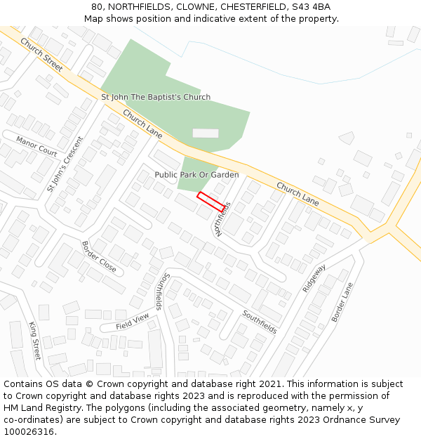 80, NORTHFIELDS, CLOWNE, CHESTERFIELD, S43 4BA: Location map and indicative extent of plot