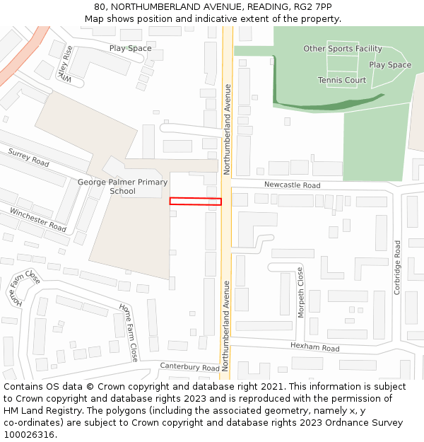 80, NORTHUMBERLAND AVENUE, READING, RG2 7PP: Location map and indicative extent of plot