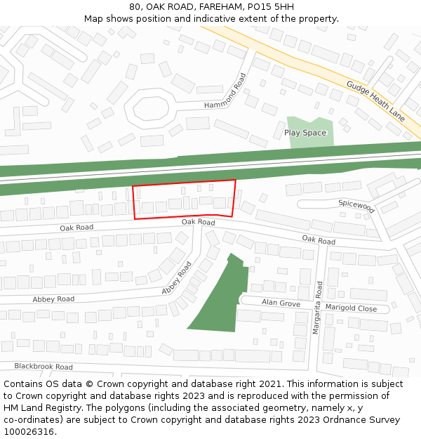 80, OAK ROAD, FAREHAM, PO15 5HH: Location map and indicative extent of plot