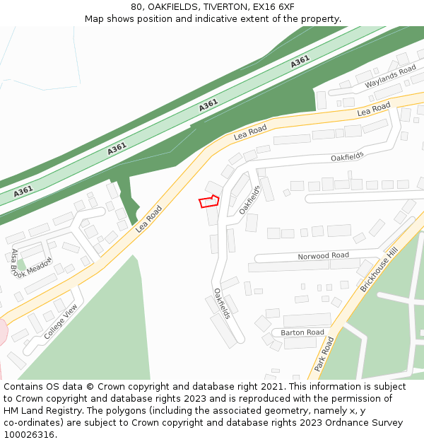 80, OAKFIELDS, TIVERTON, EX16 6XF: Location map and indicative extent of plot