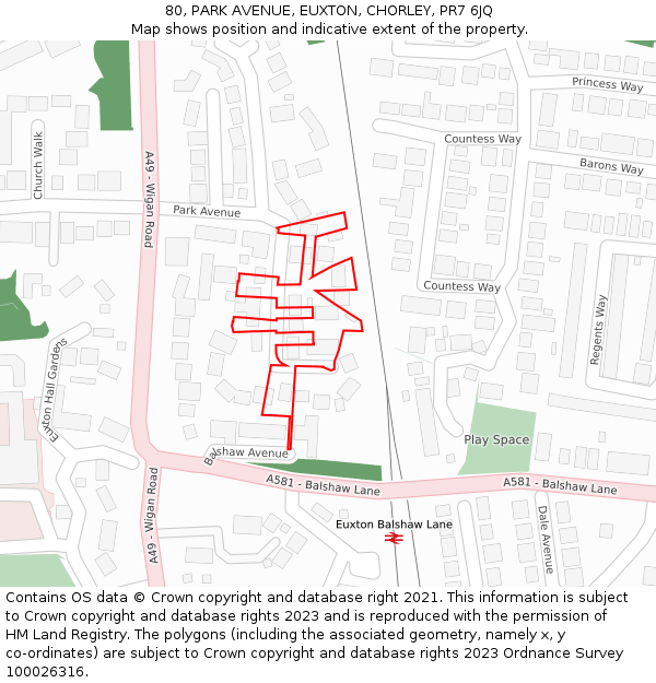 80, PARK AVENUE, EUXTON, CHORLEY, PR7 6JQ: Location map and indicative extent of plot