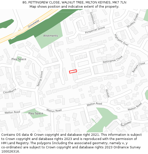 80, PETTINGREW CLOSE, WALNUT TREE, MILTON KEYNES, MK7 7LN: Location map and indicative extent of plot