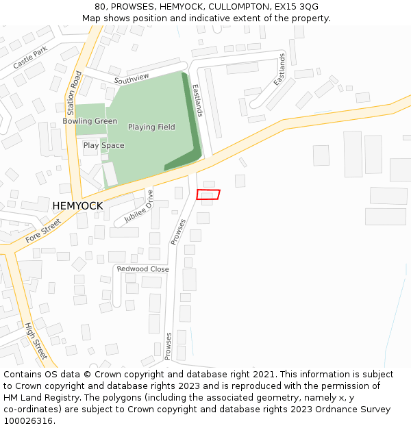 80, PROWSES, HEMYOCK, CULLOMPTON, EX15 3QG: Location map and indicative extent of plot