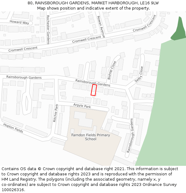 80, RAINSBOROUGH GARDENS, MARKET HARBOROUGH, LE16 9LW: Location map and indicative extent of plot