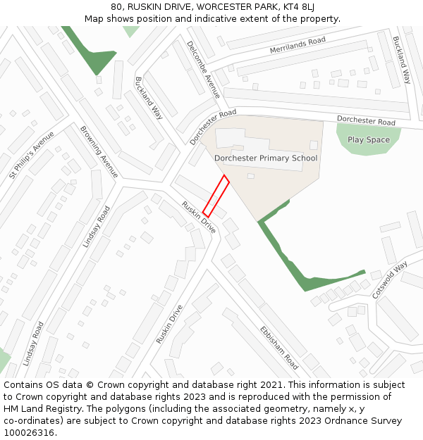 80, RUSKIN DRIVE, WORCESTER PARK, KT4 8LJ: Location map and indicative extent of plot