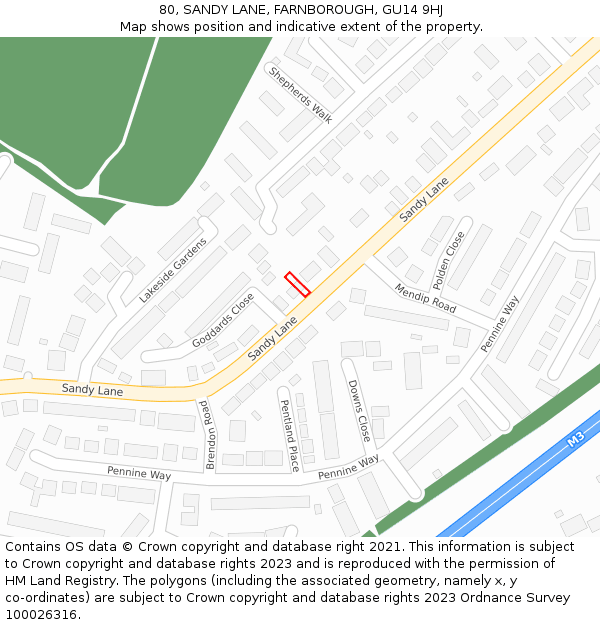 80, SANDY LANE, FARNBOROUGH, GU14 9HJ: Location map and indicative extent of plot