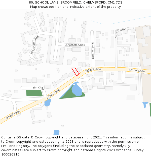 80, SCHOOL LANE, BROOMFIELD, CHELMSFORD, CM1 7DS: Location map and indicative extent of plot