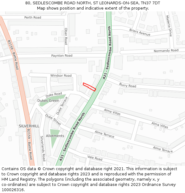 80, SEDLESCOMBE ROAD NORTH, ST LEONARDS-ON-SEA, TN37 7DT: Location map and indicative extent of plot