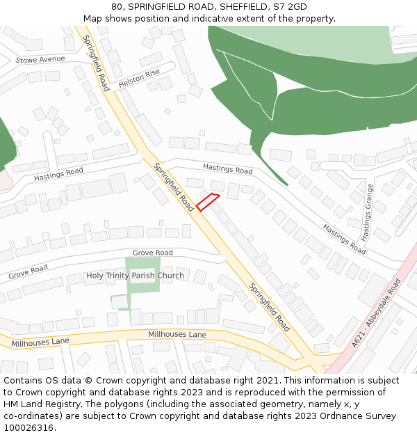 80, SPRINGFIELD ROAD, SHEFFIELD, S7 2GD: Location map and indicative extent of plot