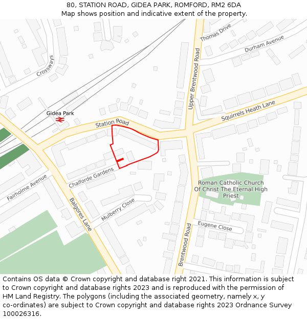 80, STATION ROAD, GIDEA PARK, ROMFORD, RM2 6DA: Location map and indicative extent of plot