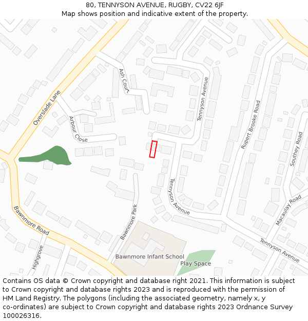 80, TENNYSON AVENUE, RUGBY, CV22 6JF: Location map and indicative extent of plot