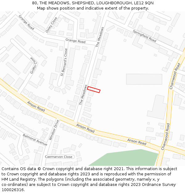 80, THE MEADOWS, SHEPSHED, LOUGHBOROUGH, LE12 9QN: Location map and indicative extent of plot