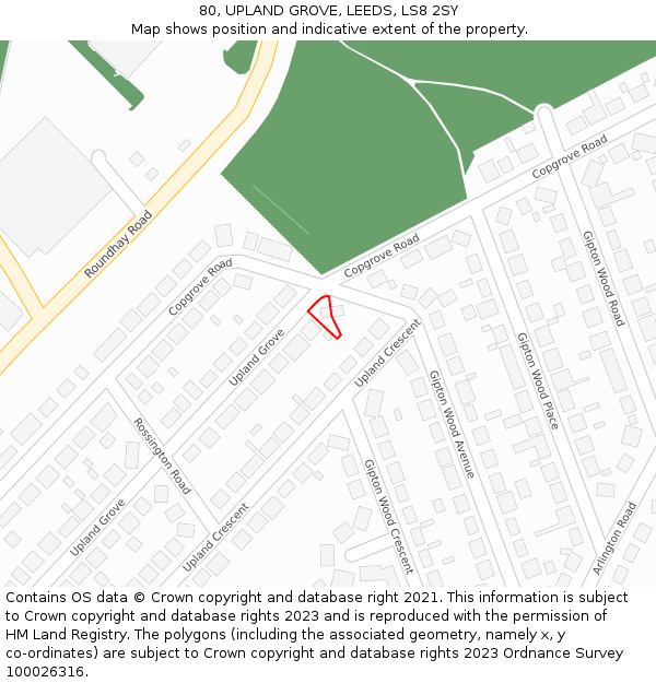 80, UPLAND GROVE, LEEDS, LS8 2SY: Location map and indicative extent of plot